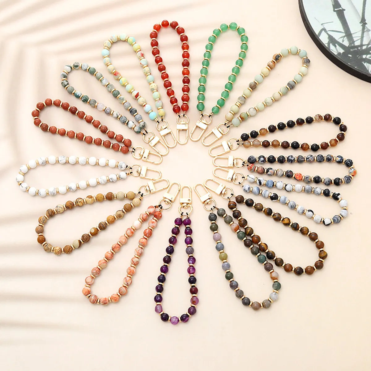 Retro Classic Style Round Alloy Natural Stone Polyester Beaded Bag Pendant Mobile Phone Chain Keychain