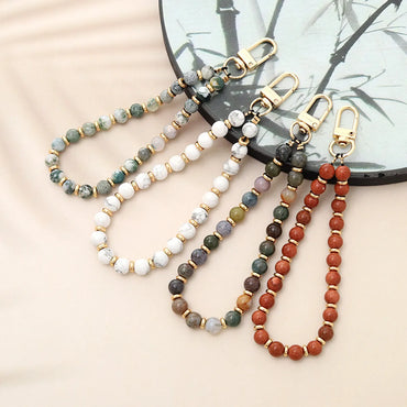 Retro Classic Style Round Alloy Natural Stone Polyester Beaded Bag Pendant Mobile Phone Chain Keychain