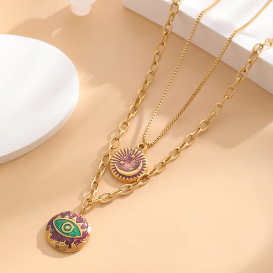 Retro Classic Style Sun Star Moon Titanium Steel Enamel Plating Inlay Resin Rhinestones 18K Gold Plated Women'S Layered Necklaces