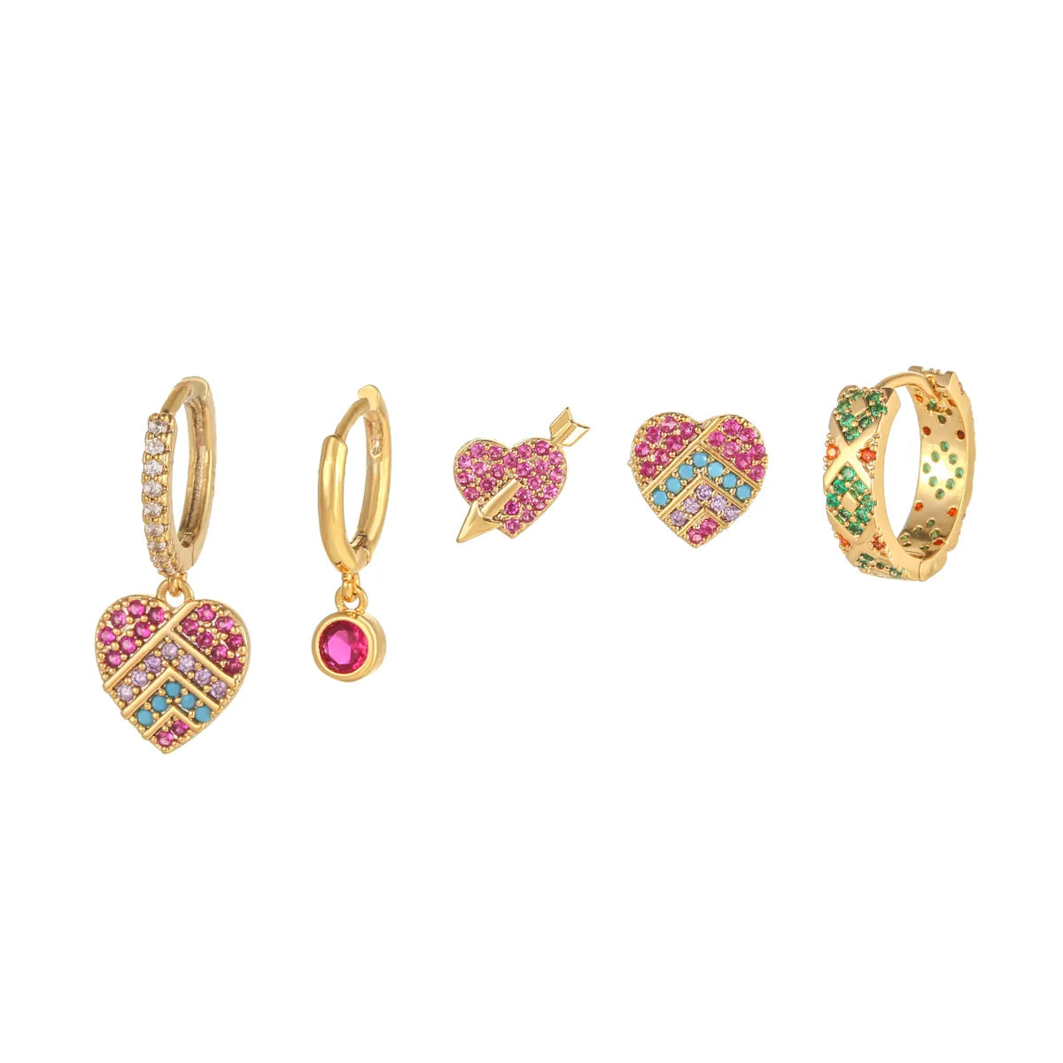 Retro Color Block Heart Shape Brass Gold Plated Zircon Earrings 5 Piece Set