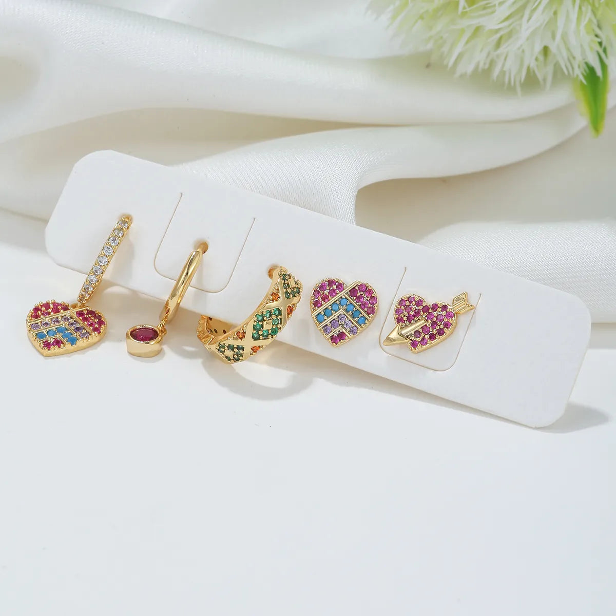 Retro Color Block Heart Shape Brass Gold Plated Zircon Earrings 5 Piece Set