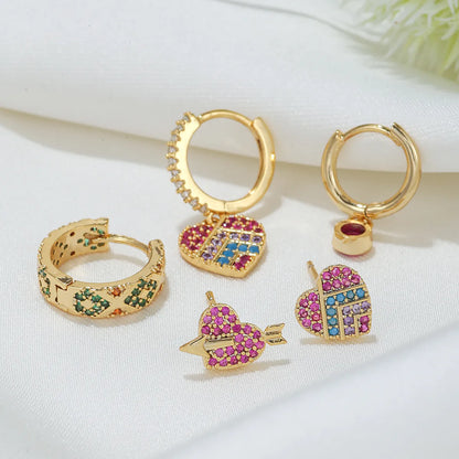 Retro Color Block Heart Shape Brass Gold Plated Zircon Earrings 5 Piece Set