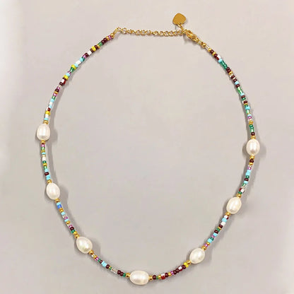 Retro Color Block Pearl Titanium Steel Beaded Plating Necklace 1 Piece