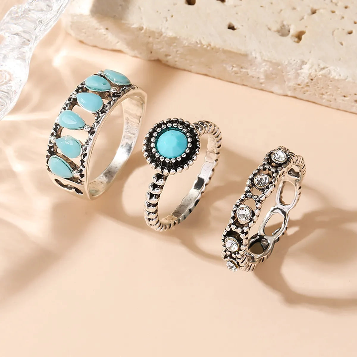 Retro Color Block Silver Plated Turquoise Alloy Wholesale Rings