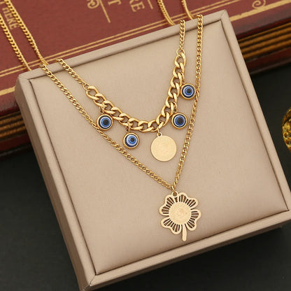 Retro Commute Eye Flower Stainless Steel Plating Hollow Out Earrings Necklace