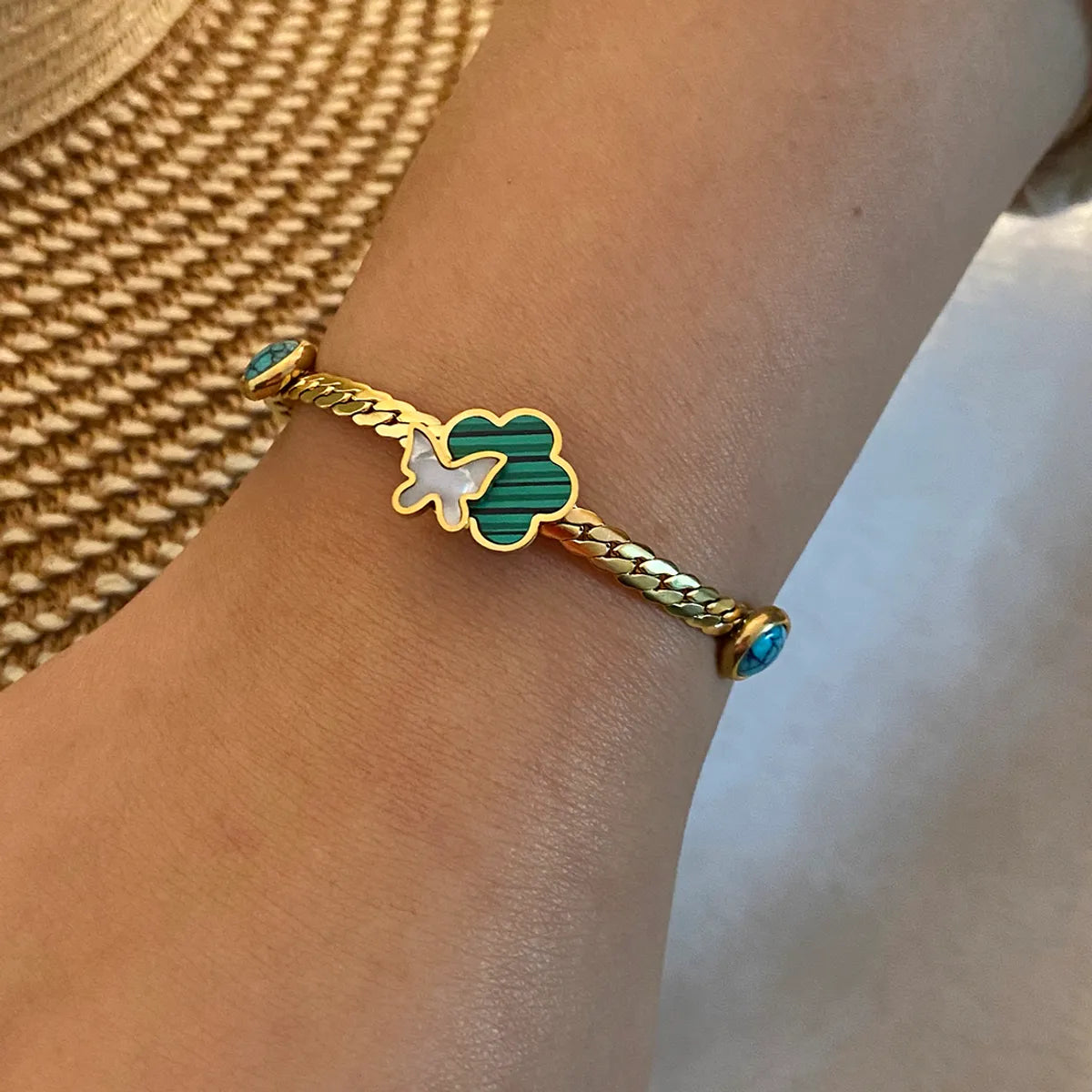 Stainless Steel 18K Gold Plated Retro Commute Plating Inlay Flower Butterfly Turquoise Bracelets