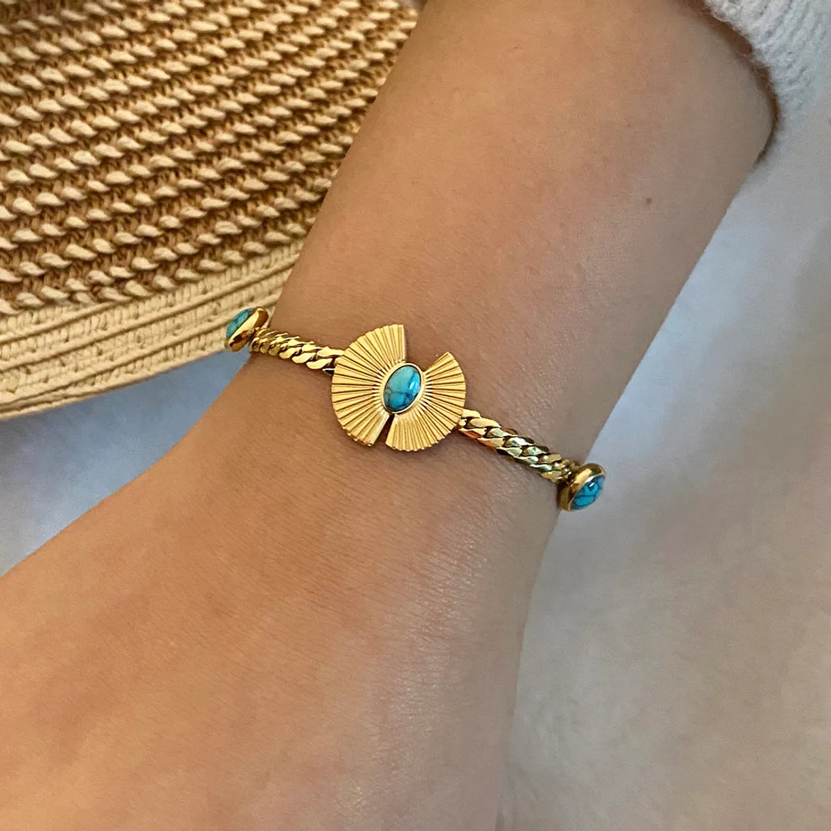 Stainless Steel 18K Gold Plated Retro Commute Plating Inlay Flower Butterfly Turquoise Bracelets