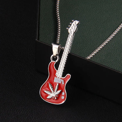 Retro Commute Guitar Maple Leaf Stainless Steel Alloy Enamel Unisex Pendant Necklace