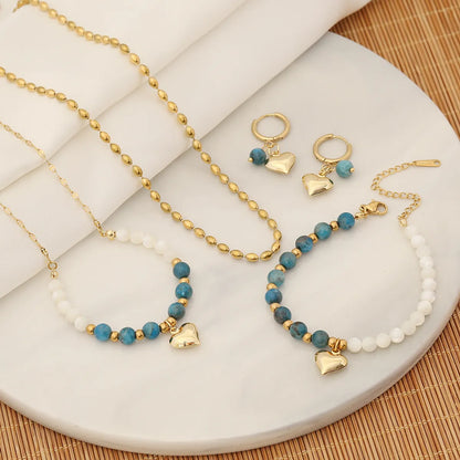 Wholesale Retro Commute Heart Shape Stainless Steel Beaded Bracelets Earrings Necklace