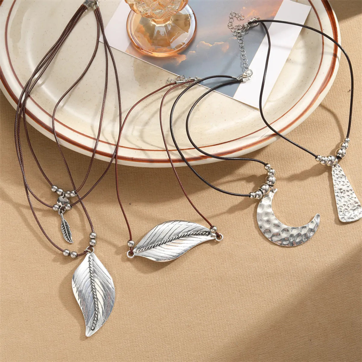 Retro Commute Leaf Moon Ccb Alloy Wax Rope Irregular Plating Unisex Layered Necklaces Pendant Necklace