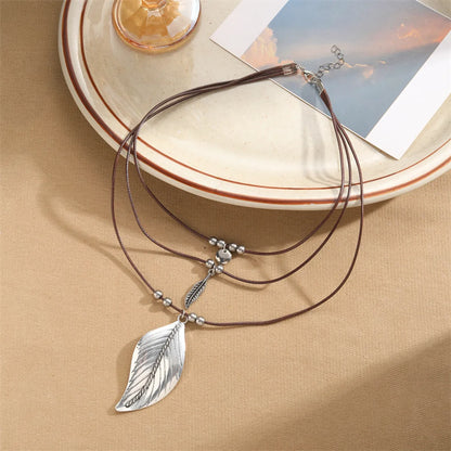 Retro Commute Leaf Moon Ccb Alloy Wax Rope Irregular Plating Unisex Layered Necklaces Pendant Necklace