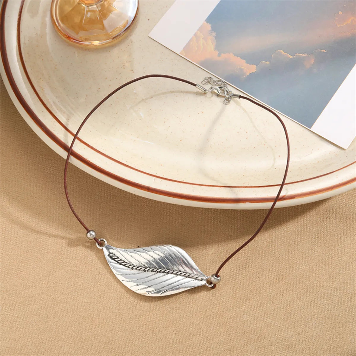 Retro Commute Leaf Moon Ccb Alloy Wax Rope Irregular Plating Unisex Layered Necklaces Pendant Necklace