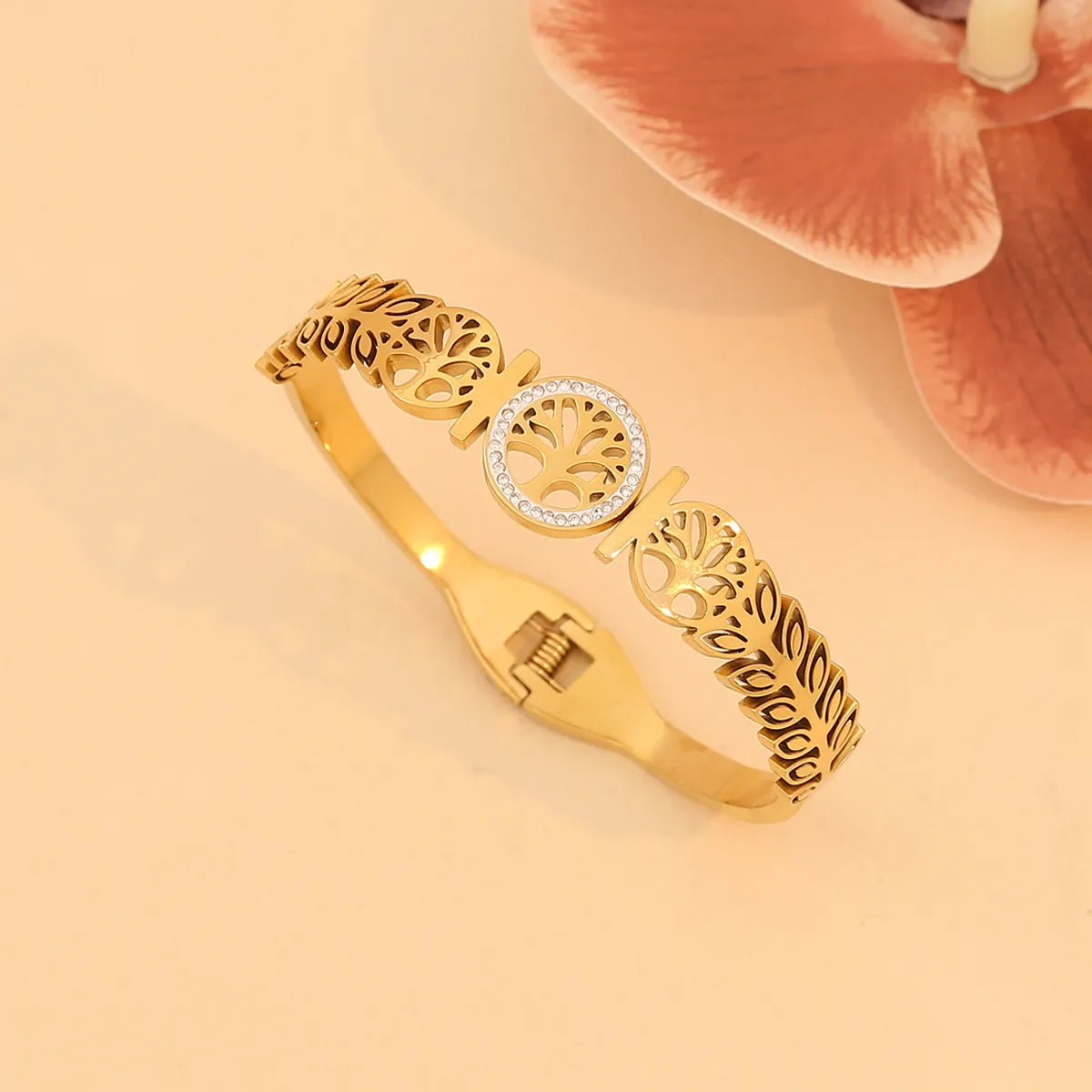 Retro Commute Life Tree Flower 304 Stainless Steel 18K Gold Plated Zircon Bangle In Bulk