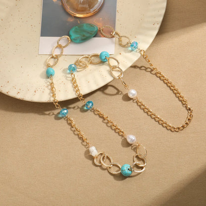 Retro Commute Round Arylic Natural Stone Freshwater Pearl Beaded Women's Sweater Chain Long Necklace