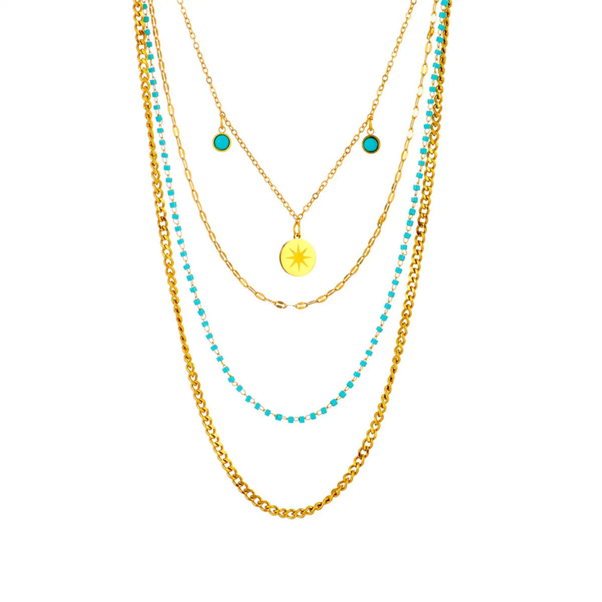 Retro Commute Round Eight-pointed Stars Titanium Steel Plating Inlay Turquoise 18k Gold Plated Layered Necklaces