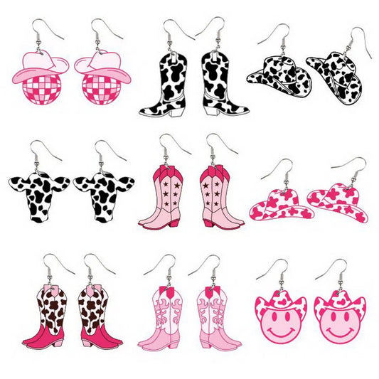 1 Pair Retro Cool Style Cow Pattern Boots Wood Drop Earrings