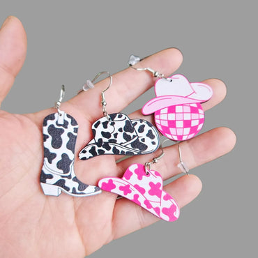 1 Pair Retro Cool Style Cow Pattern Boots Wood Drop Earrings