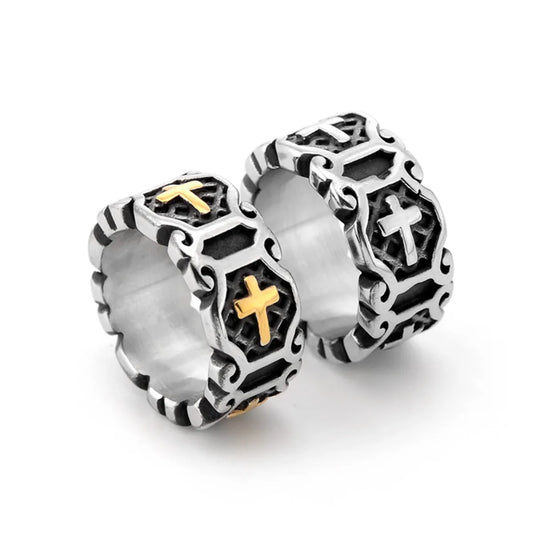 Retro Cool Style Cross Titanium Steel Polishing 18K Gold Plated Men'S Rings