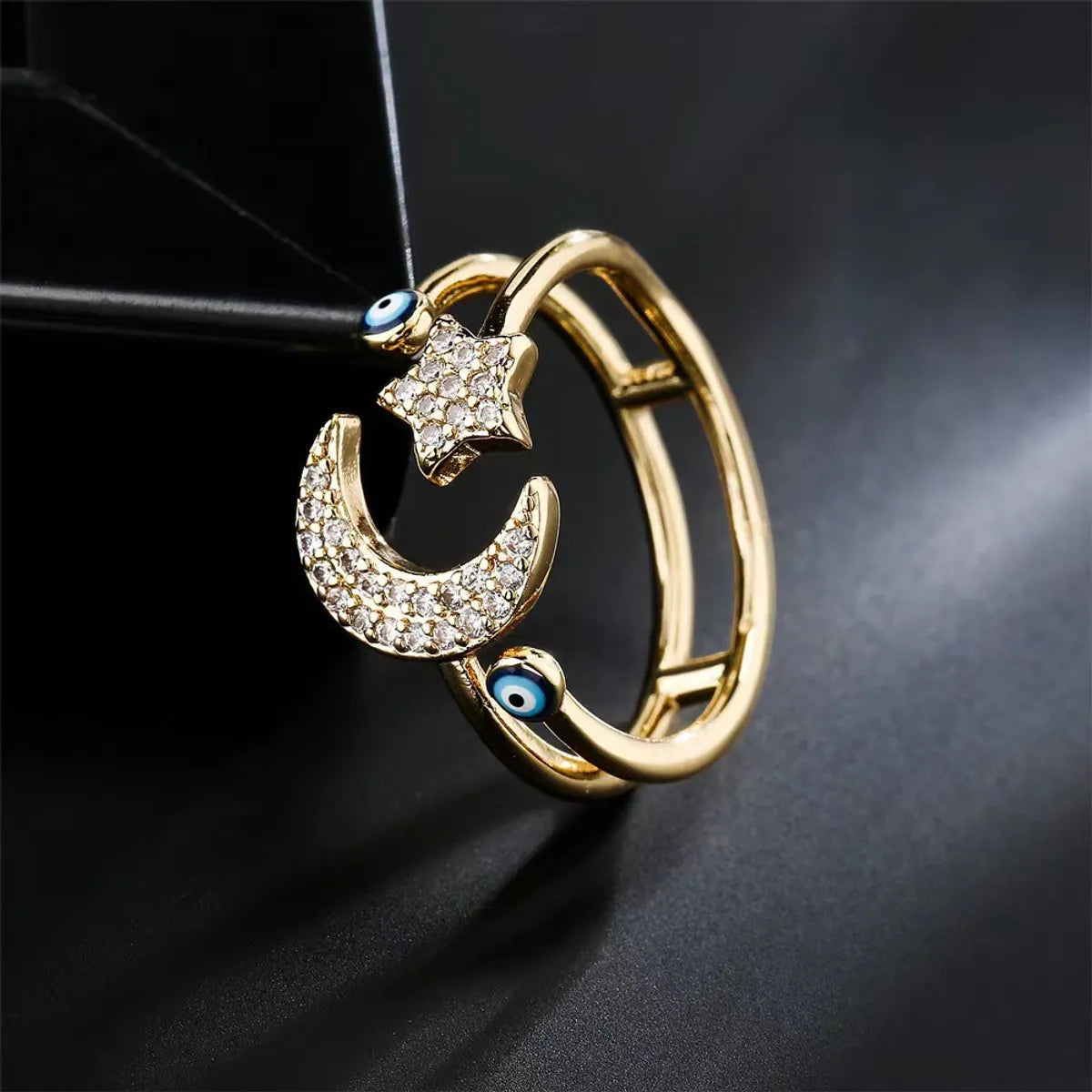 Retro Cool Style Devil's Eye Star Moon Copper Plating Inlay Zircon Open Ring