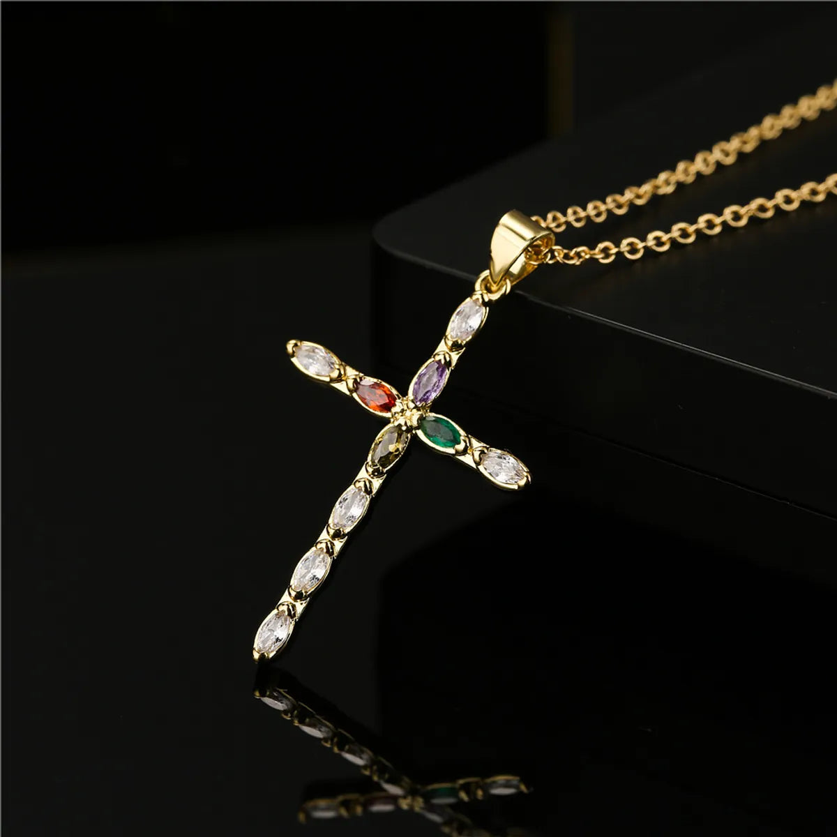 Retro Copper Plated Real Gold Color Zirconium Cross Pendant Necklace Female Religious Jewelry