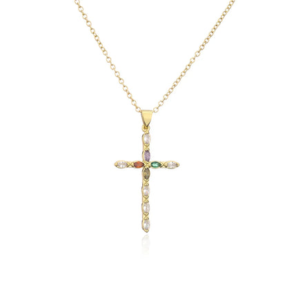 Retro Copper Plated Real Gold Color Zirconium Cross Pendant Necklace Female Religious Jewelry