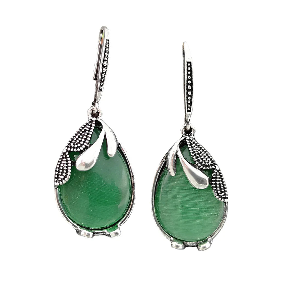 Retro Creative Emerald Green Cat Eye Natural Stone Earring Ear Hook Female