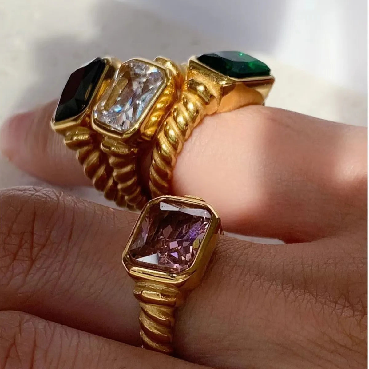 Retro Croissant Twisted Spiral Emerald Pink Zircon Stainless Steel Ring