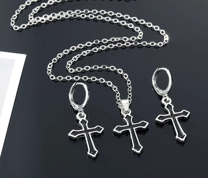 Retro Cross Alloy Pendant Set Black Earring Necklace