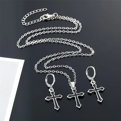 Retro Cross Alloy Pendant Set Black Earring Necklace