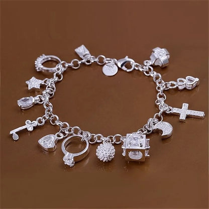 Retro Cross Heart Shape Rhombus Alloy Silver Plated Inlay Rhinestones Unisex Bracelets