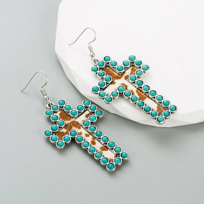 Retro Cross Leopard Alloy Inlay Turquoise Women's Ear Hook 1 Pair