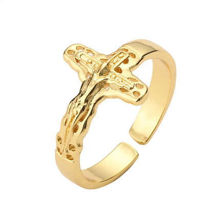 Retro Cross Letter Copper Plating Inlay Zircon Gold Plated Open Rings