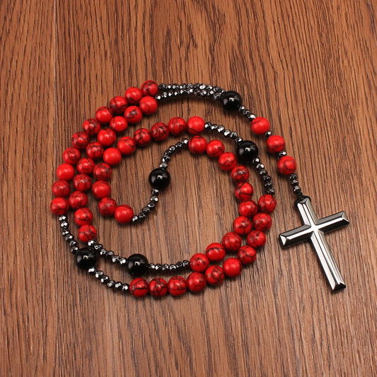 Retro Cross Natural Stone Agate Men's Long Necklace 1 Piece