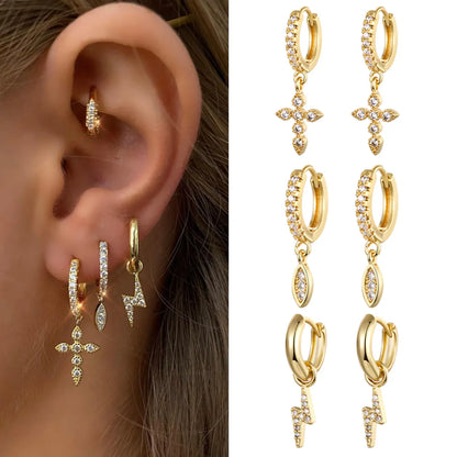 Retro Cross Oval Lightning Copper Gold Plated Inlay Zircon Drop Earrings 1 Pair