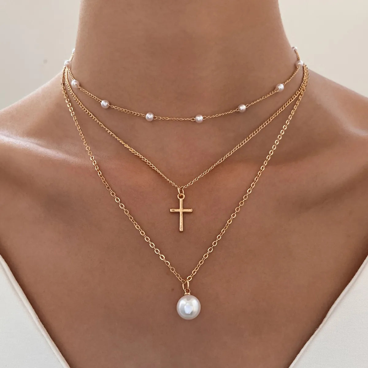 Retro Cross Palm Butterfly Alloy Inlay Artificial Pearls Rhinestones 14k Gold Plated Women's Layered Necklaces