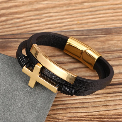 Retro Cross Stainless Steel Pu Leather Men'S Bracelets 1 Piece