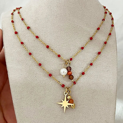 Retro Cross Star 304 Stainless Steel Opal Irregular 18K Gold Plated Unisex Double Layer Necklaces