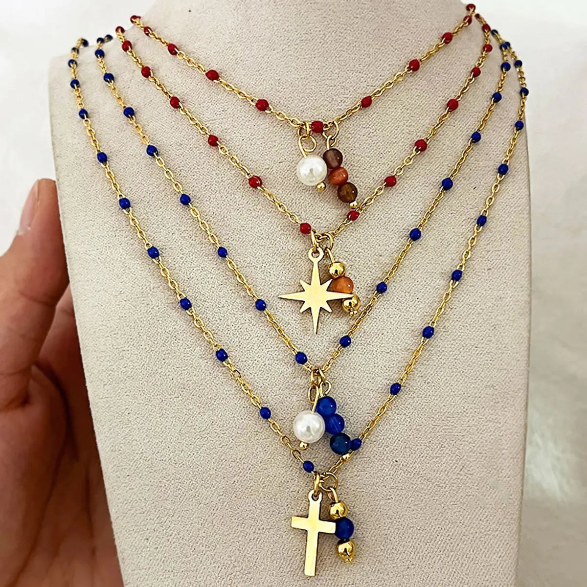 Retro Cross Star 304 Stainless Steel Opal Irregular 18K Gold Plated Unisex Double Layer Necklaces