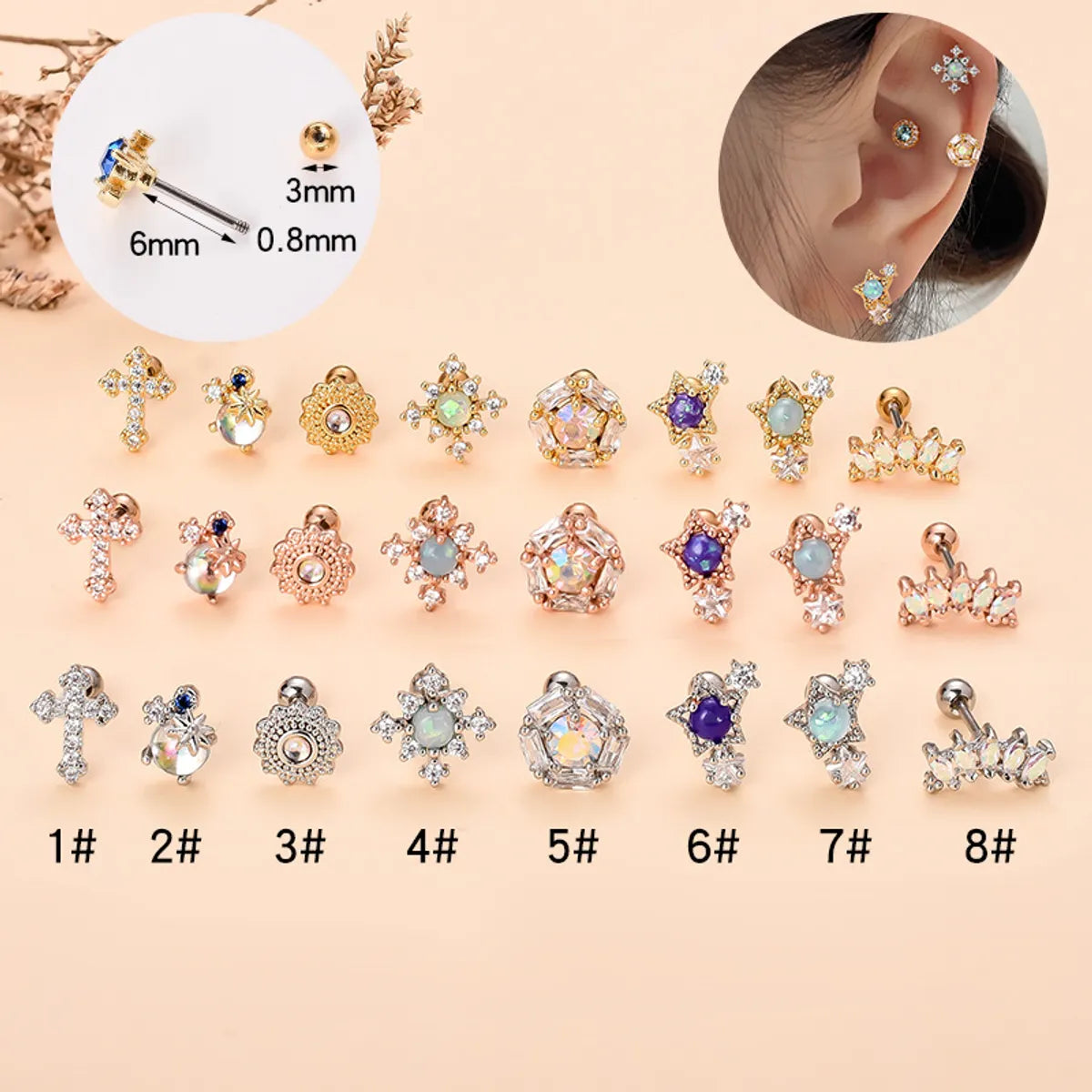 Retro Cross Star Stainless Steel Copper Plating Inlay Zircon Ear Studs 1 Piece