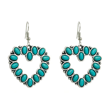 1 Pair Retro Cross Water Droplets Heart Shape Inlay Alloy Turquoise Drop Earrings