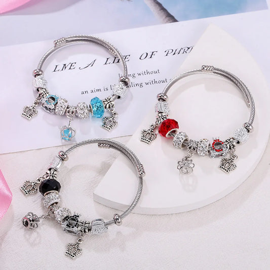 Retro Crown Alloy Soft Clay Titanium Steel Inlay Rhinestones Couple Bangle