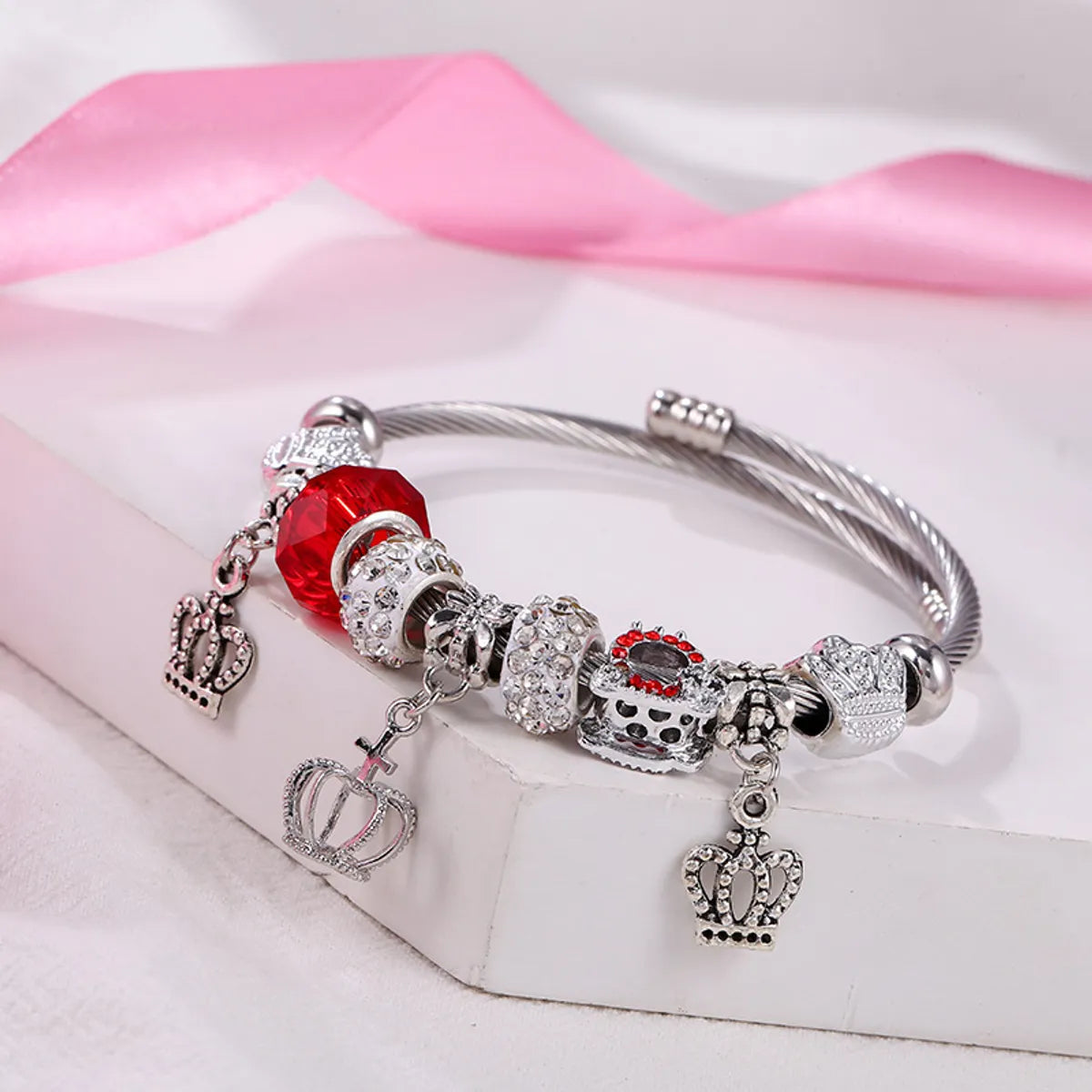 Retro Crown Alloy Soft Clay Titanium Steel Inlay Rhinestones Couple Bangle