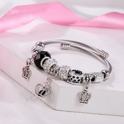 Retro Crown Alloy Soft Clay Titanium Steel Inlay Rhinestones Couple Bangle