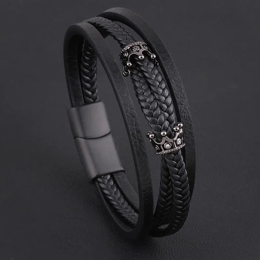 Retro Crown Pu Leather Titanium Steel Copper Inlay Zircon Men'S Wristband