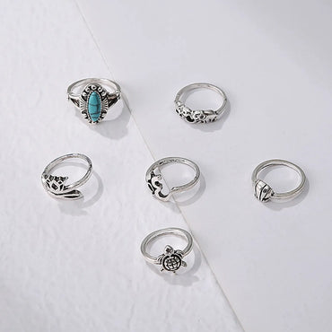 Retro Crown Snake Turquoise Turtle Elephant Geometric Ring 6-piece Set