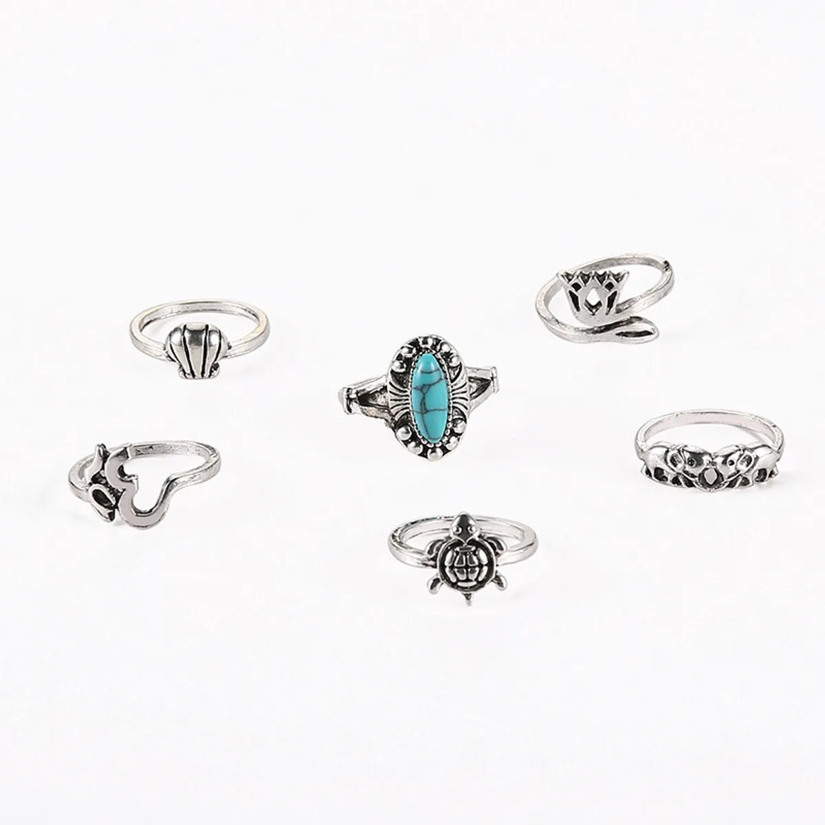 Retro Crown Snake Turquoise Turtle Elephant Geometric Ring 6-piece Set