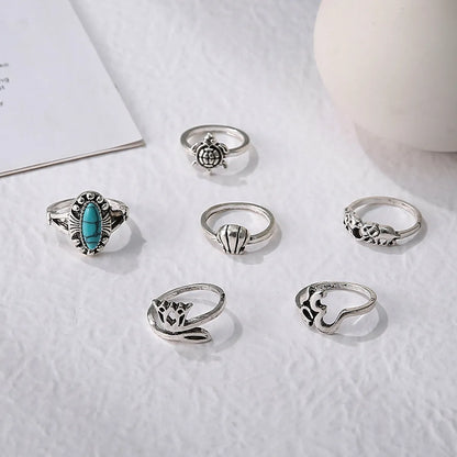 Retro Crown Snake Turquoise Turtle Elephant Geometric Ring 6-piece Set