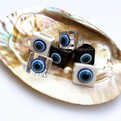 Retro Devil's Eye Blue Eye Glitter Square Wide-faced Resin Ring