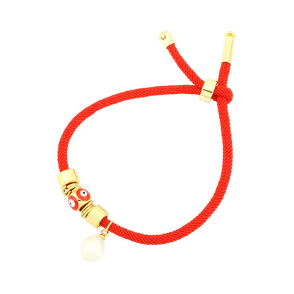 Retro Devil's Eye Freshwater Pearl Copper Knitting Enamel Plating 18k Gold Plated Drawstring Bracelets