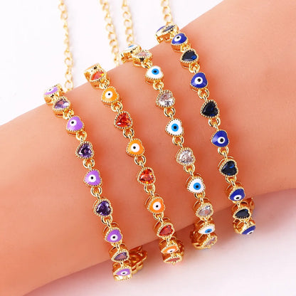 Retro Devil's Eye Heart Shape Copper Plating Inlay Zircon Gold Plated Bracelets